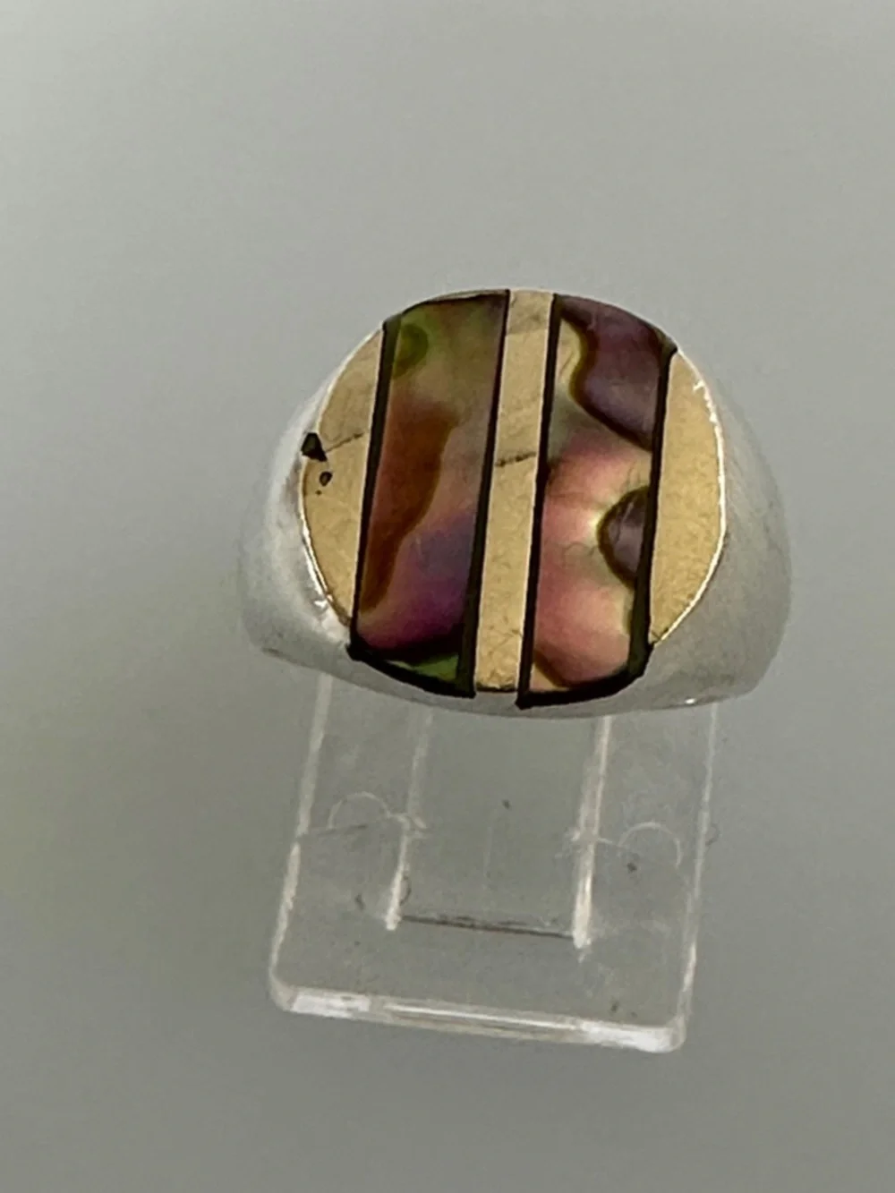 925 Sterling Silver Abalone Inlay Signet Ring - Iridescent Green-Purple
